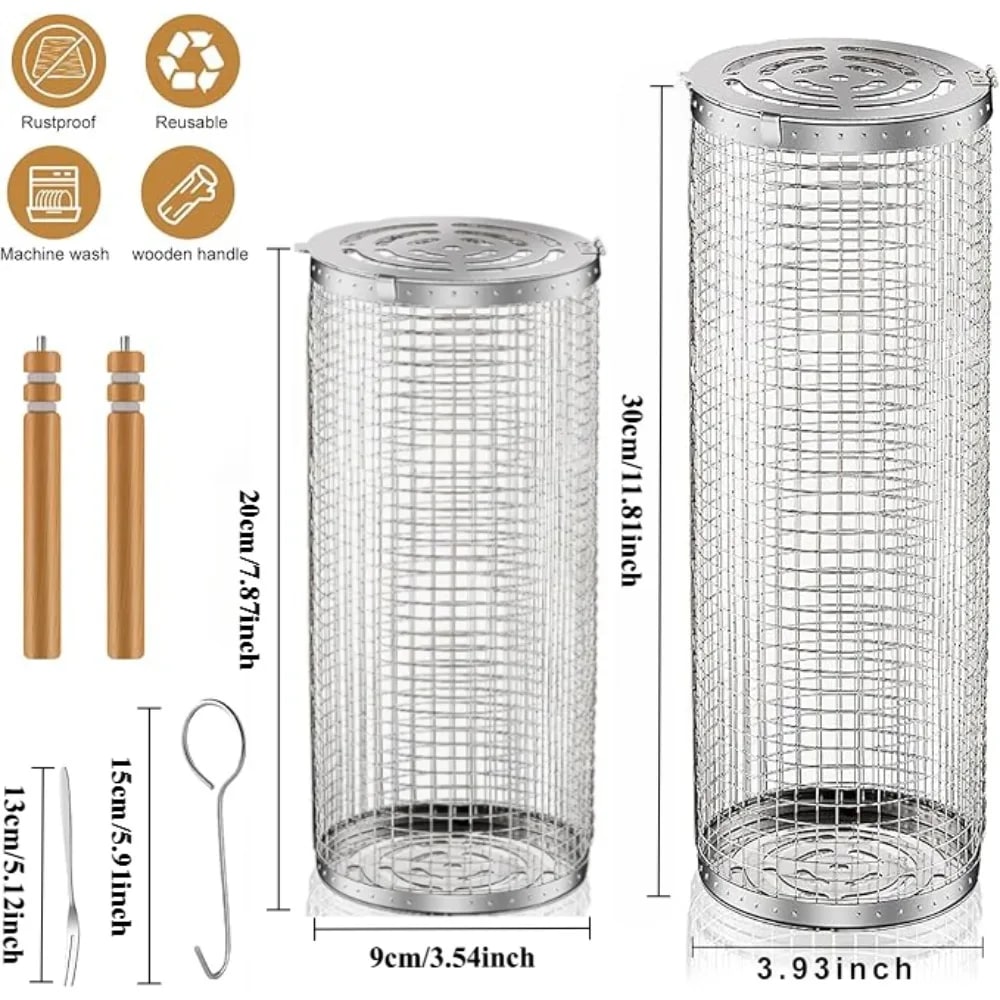 Rolling BBQ Grill Basket with Removable Wooden Handle, Stainless Steel, S or L