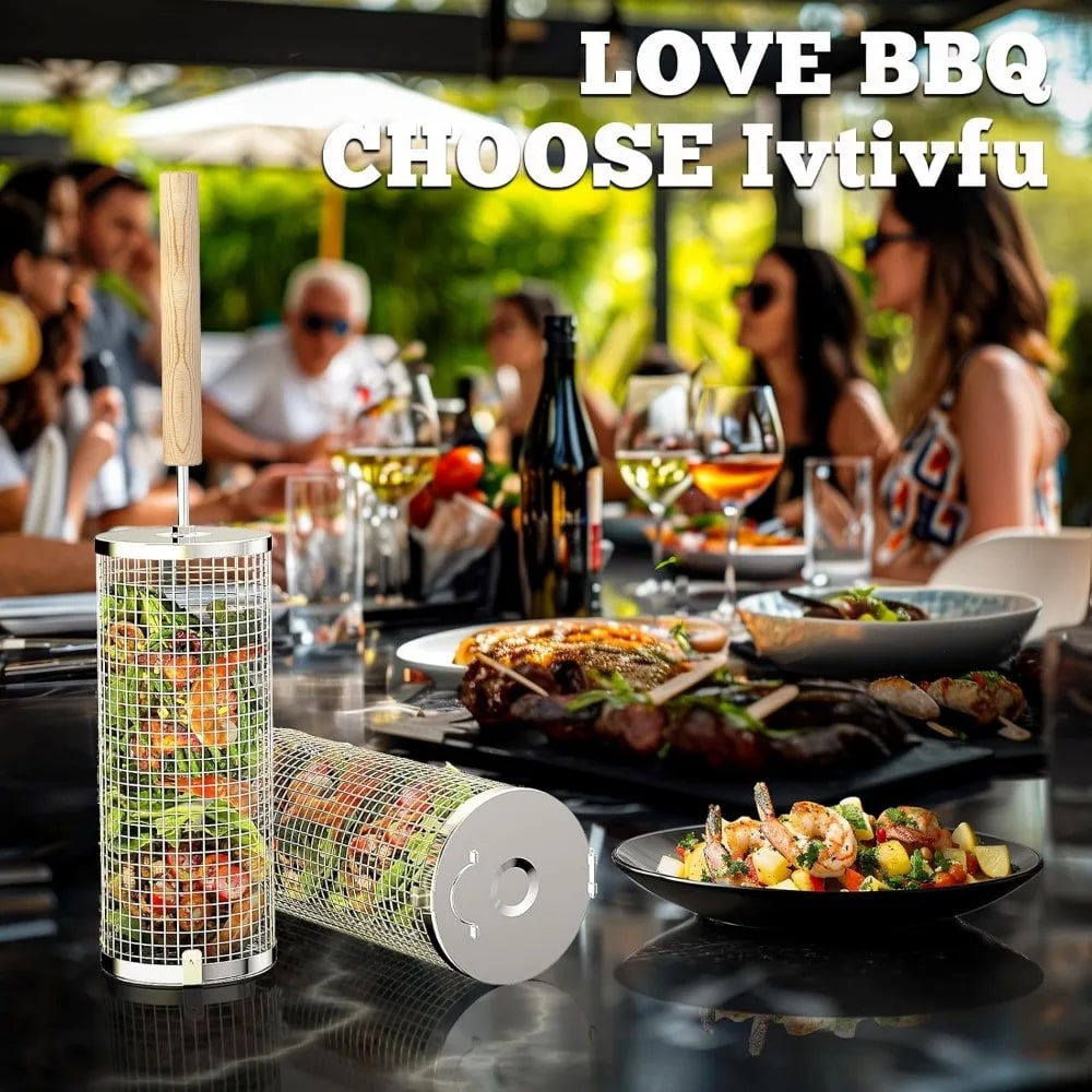 Rolling BBQ Grill Basket with Removable Wooden Handle, Stainless Steel, S or L