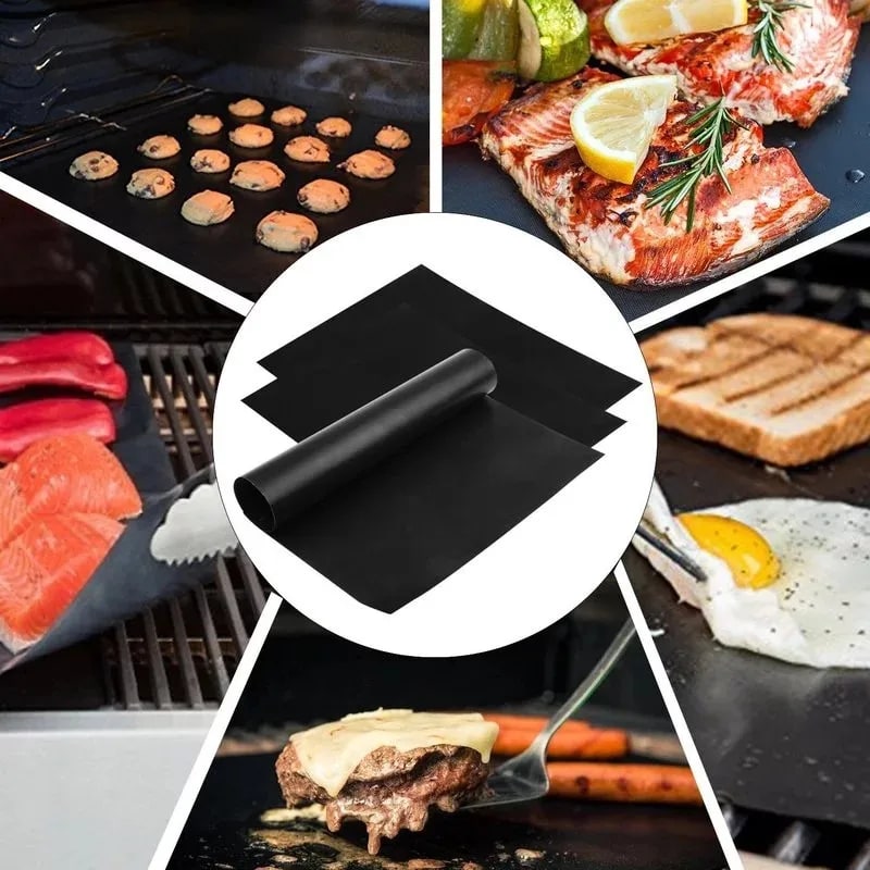 Non-Stick BBQ Grill Mat 40 x 33cm Reusable High-Temperature Cooking Sheet, Black