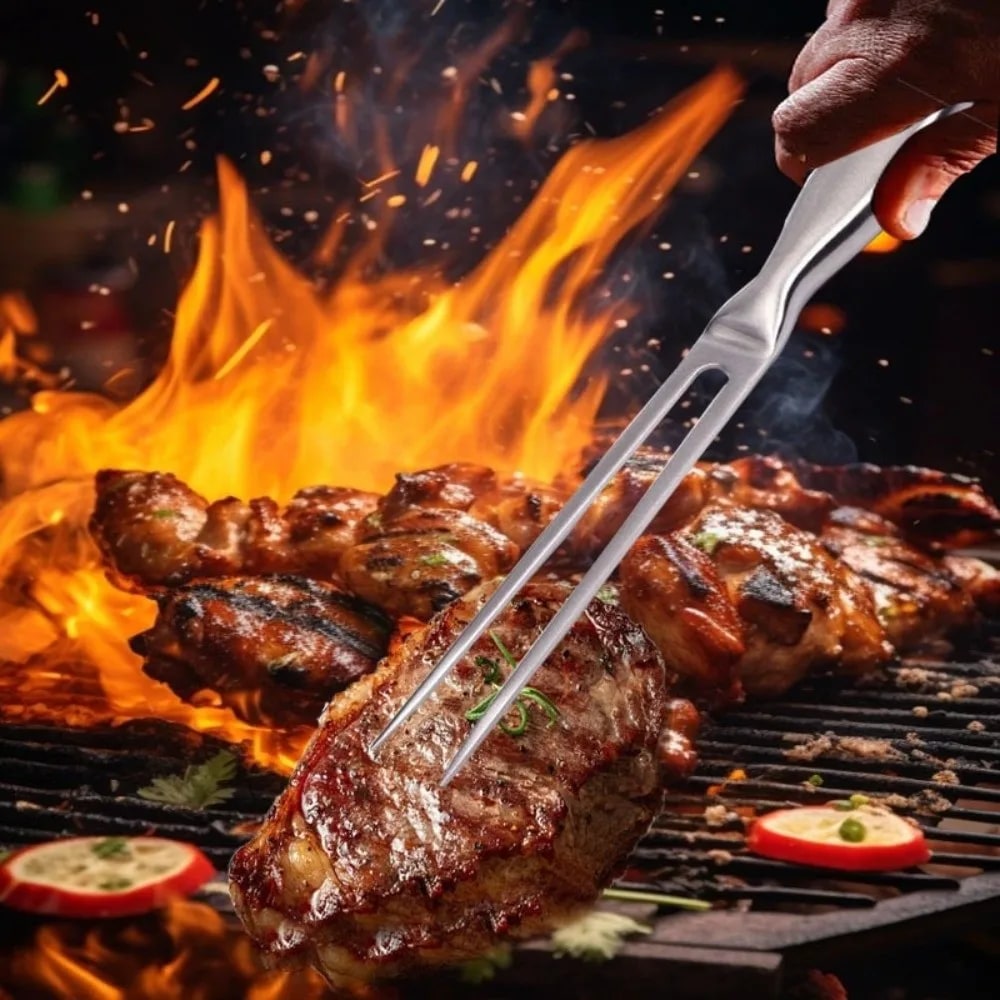 Stainless Steel BBQ Grill Fork, 27cm Silver 2-Fork Meat Cooking Tool