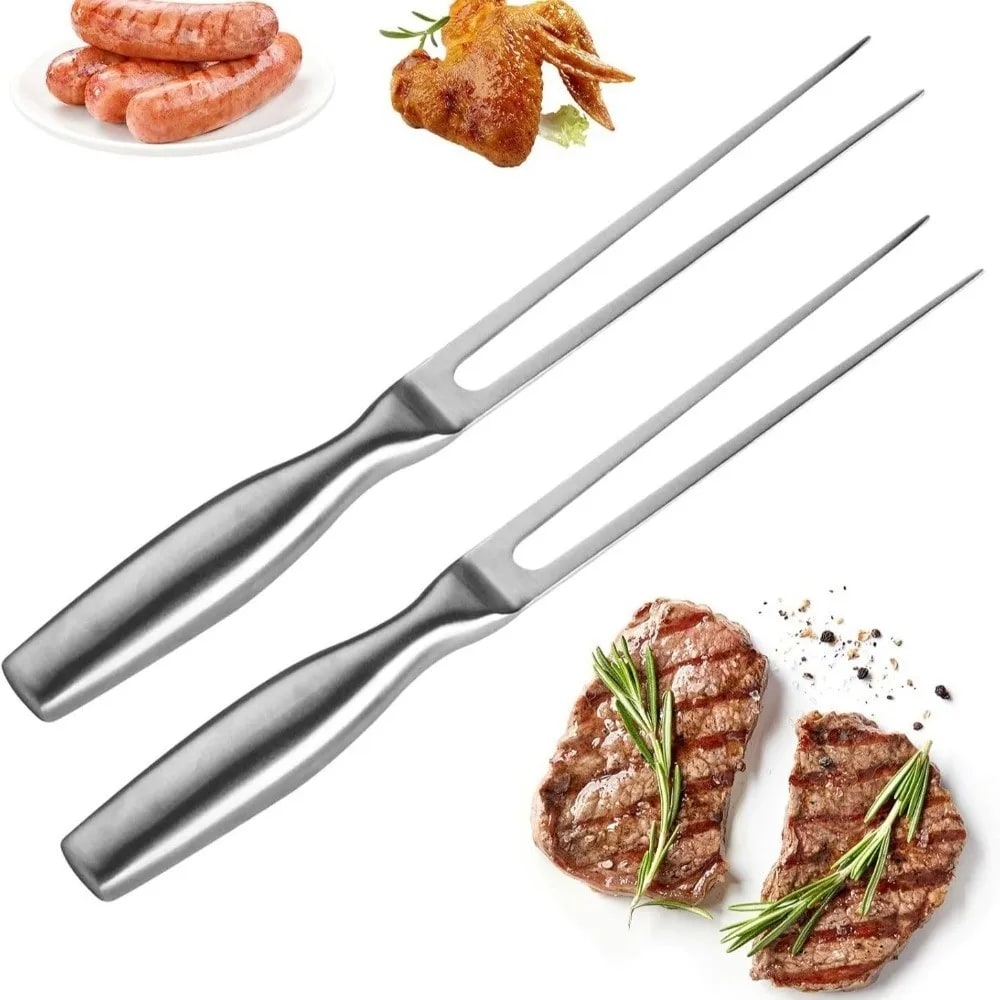 Stainless Steel BBQ Grill Fork, 27cm Silver 2-Fork Meat Cooking Tool