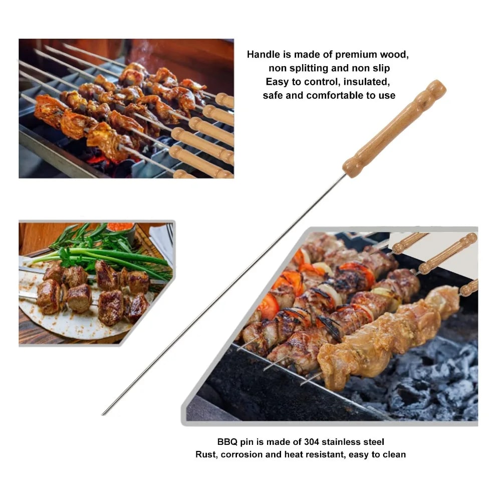 BBQ Skewers with Wooden Handles, 30cm Metal Grilling Sticks, Pack of 10