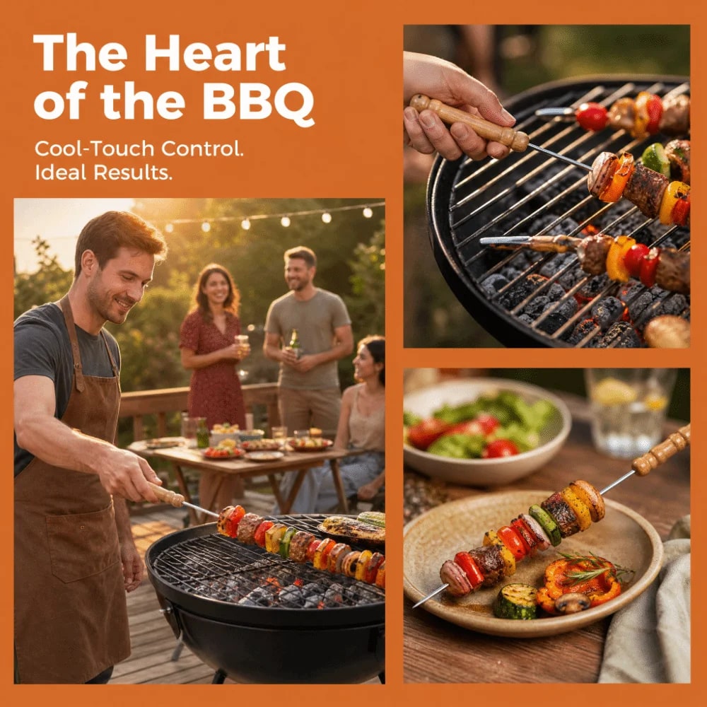 BBQ Skewers with Wooden Handles, 30cm Metal Grilling Sticks, Pack of 10
