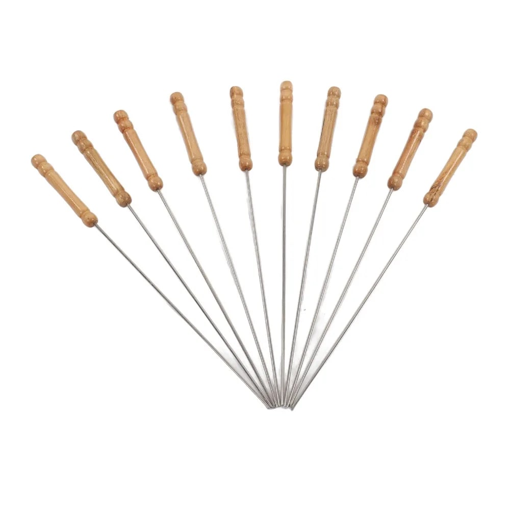 BBQ Skewers with Wooden Handles, 30cm Metal Grilling Sticks, Pack of 10