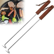 Food Flipper Hook BBQ Fork with Stainless Steel Stem and Wooden Handle