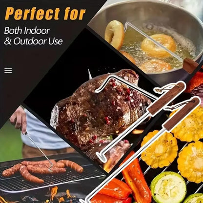 Food Flipper Hook BBQ Fork with Stainless Steel Stem and Wooden Handle