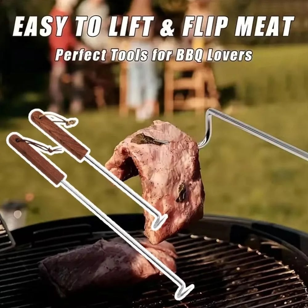 Food Flipper Hook BBQ Fork with Stainless Steel Stem and Wooden Handle