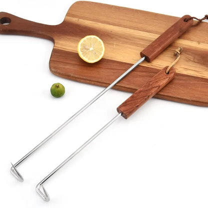 Food Flipper Hook BBQ Fork with Stainless Steel Stem and Wooden Handle