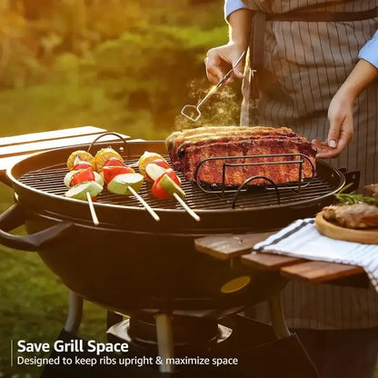 BBQ Rib Rack Metal Roasting Stand 31.3 x 25.3 x 7.3cm, Black or Silver