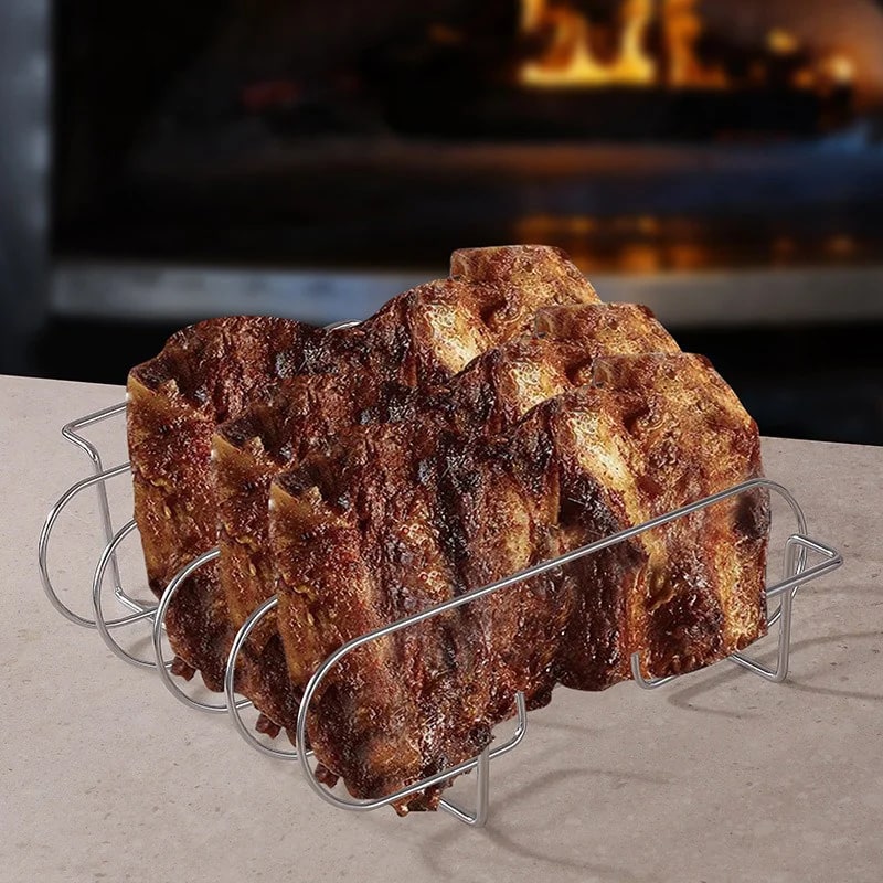BBQ Rib Rack Metal Roasting Stand 31.3 x 25.3 x 7.3cm, Black or Silver