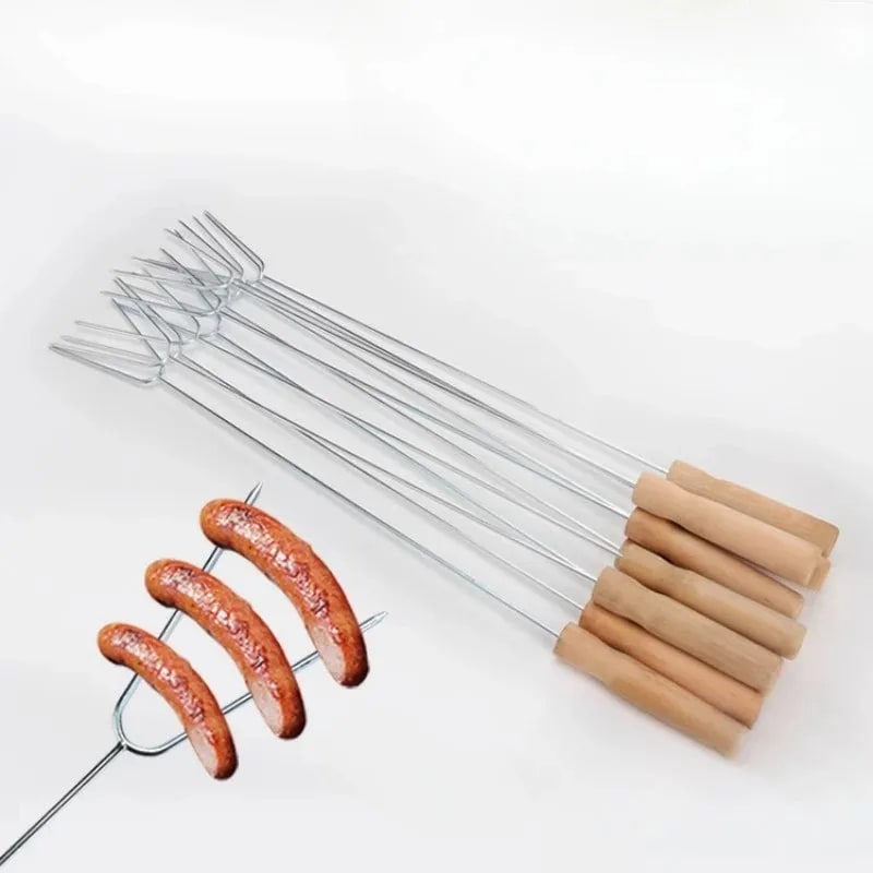 Stainless Steel BBQ Fork Skewers with Wooden Handles, 34cm, 5 Piece Set