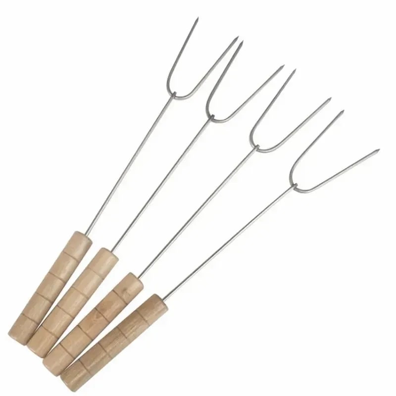 Stainless Steel BBQ Fork Skewers with Wooden Handles, 34cm, 5 Piece Set
