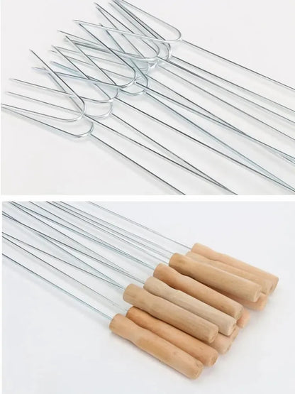 Stainless Steel BBQ Fork Skewers with Wooden Handles, 34cm, 5 Piece Set