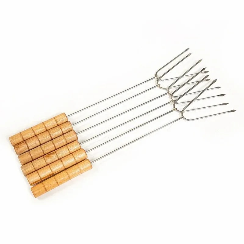 Stainless Steel BBQ Fork Skewers with Wooden Handles, 34cm, 5 Piece Set