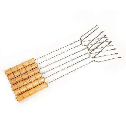 Stainless Steel BBQ Fork Skewers with Wooden Handles, 34cm, 5 Piece Set
