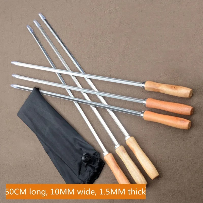 6 Stainless Steel BBQ Skewers 50cm V-Shaped with Wooden Handles and Bag