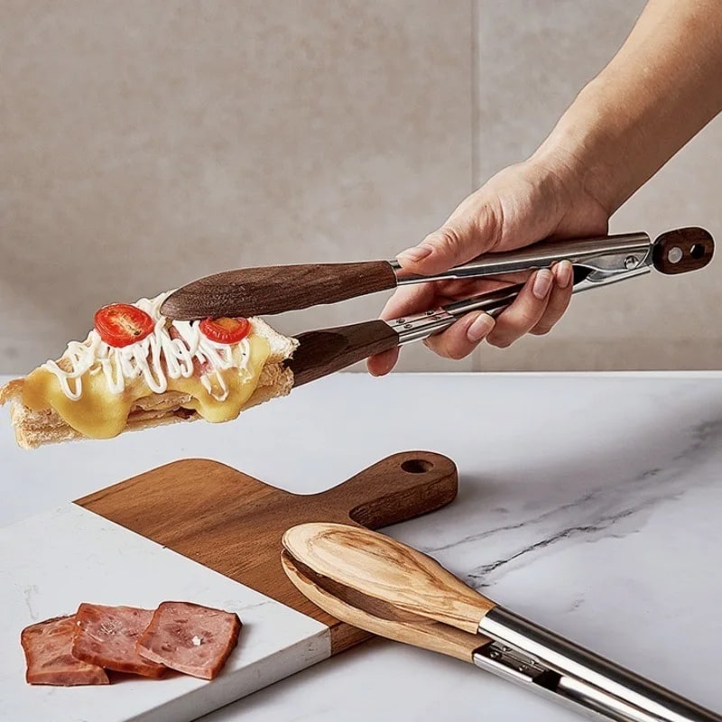 Food Tongs for BBQ and Serving, Stainless Steel with Walnut or Acacia Wood Handles