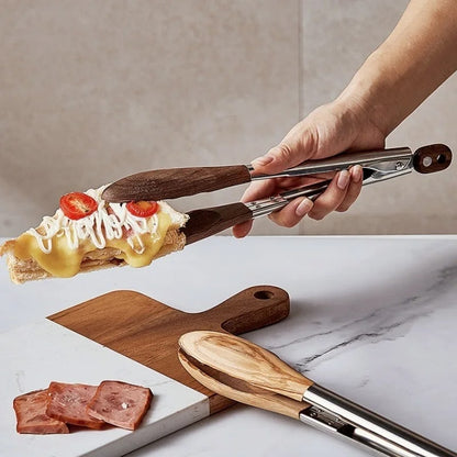 Food Tongs for BBQ and Serving, Stainless Steel with Walnut or Acacia Wood Handles