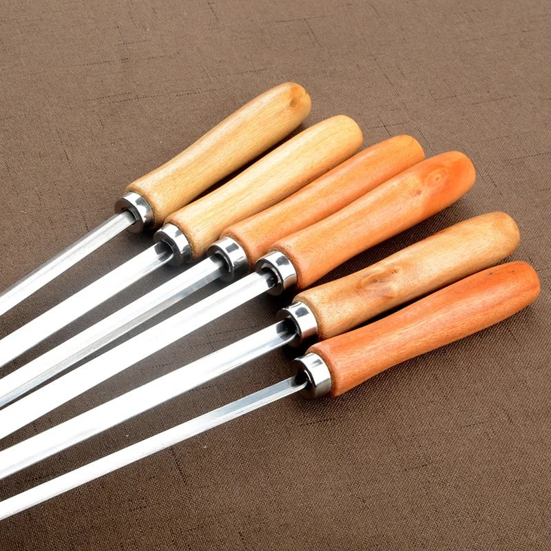 6 Stainless Steel BBQ Skewers 50cm V-Shaped with Wooden Handles and Bag