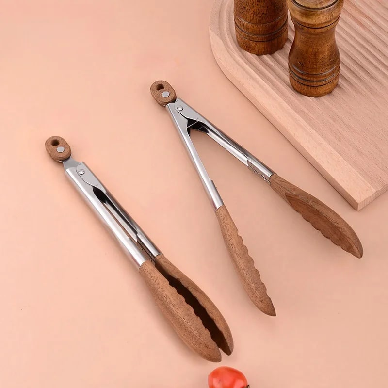 Food Tongs for BBQ and Serving, Stainless Steel with Walnut or Acacia Wood Handles