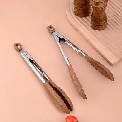 Food Tongs for BBQ and Serving, Stainless Steel with Walnut or Acacia Wood Handles