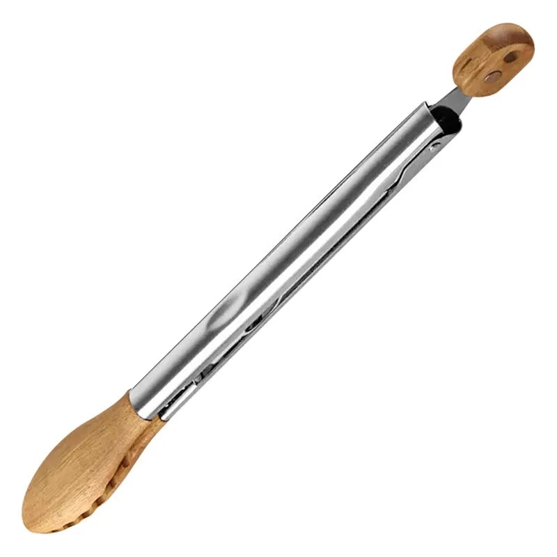 Food Tongs for BBQ and Serving, Stainless Steel with Walnut or Acacia Wood Handles - 12inch acacia wood