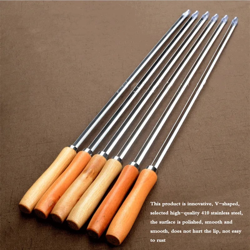 6 Stainless Steel BBQ Skewers 50cm V-Shaped with Wooden Handles and Bag