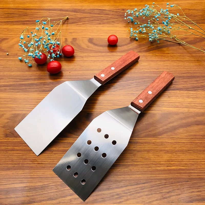 Stainless Steel BBQ Spatula with Wooden Handle, 28.5-28.8cm, 2 Options