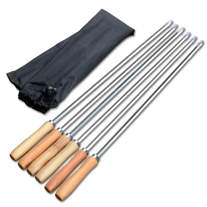 6 Stainless Steel BBQ Skewers 50cm V-Shaped with Wooden Handles and Bag