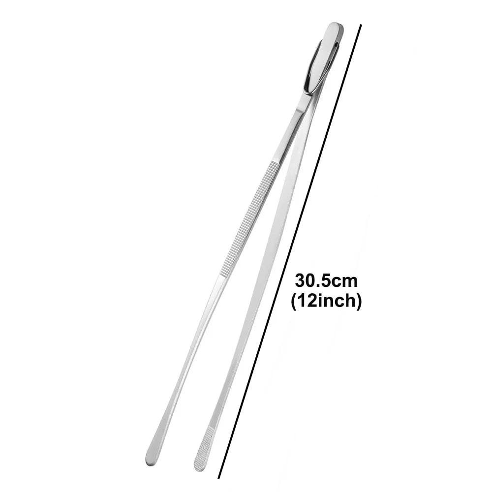Barbecue Grill Tongs, Metal Food Tweezers, 10in or 12in Silver - 12in Wide with Hook