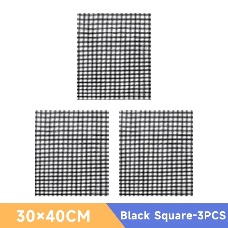 Reusable Non-Stick BBQ Mesh Mat, Heat-Resistant Grill Liner, 30cm or 40cm - Black Square-3PCS