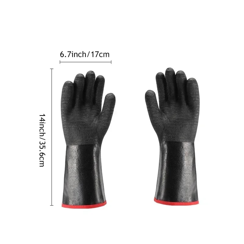 Heat Resistant BBQ Gloves, Rubber Neoprene, 500°C, Long Cuff, 2-Piece Set - 14INCH-Thin-700 F