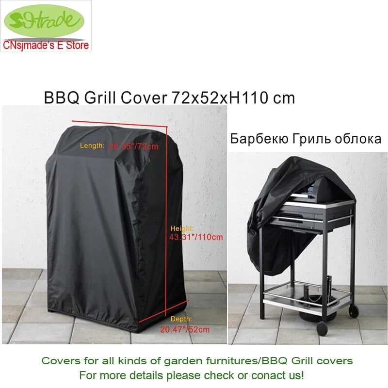 Black Fabric BBQ Grill Cover with Drawstring, Water and Dust Protection, 72 x 52 x 110cm or 77 x 58 x 110cm