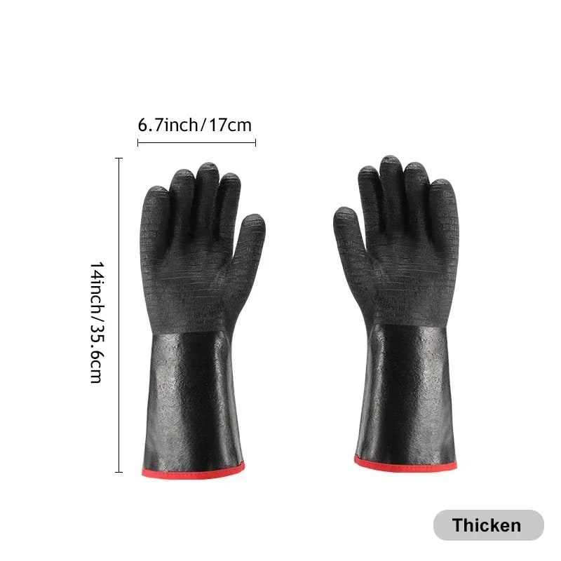 Heat Resistant BBQ Gloves, Rubber Neoprene, 500°C, Long Cuff, 2-Piece Set - 14INCH-Thick-932 F