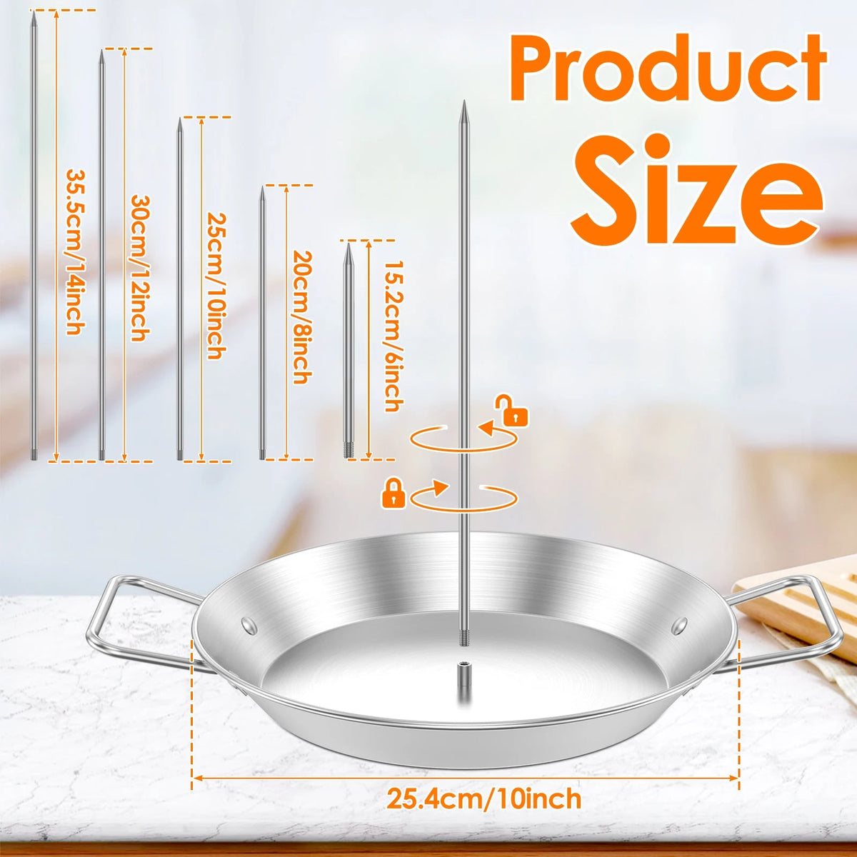 Vertical Metal BBQ Spit Skewer Stand, 25.4cm Base, 20/25/30cm Pole