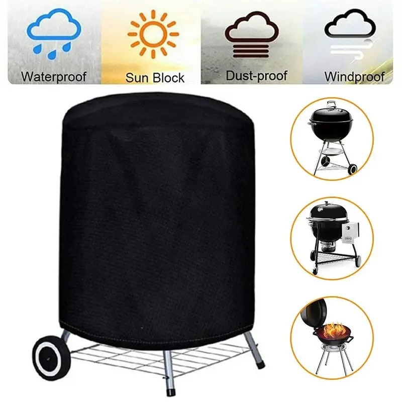 Round Black Outdoor Grill Cover, Waterproof Fabric BBQ Cover, 6 Sizes