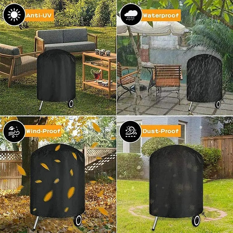 Round Black Outdoor Grill Cover, Waterproof Fabric BBQ Cover, 6 Sizes