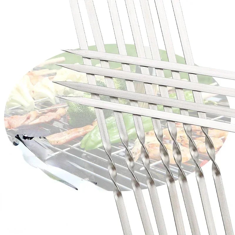 Stainless Steel BBQ Skewers, 10 Piece Set, 30cm to 38cm, Round or Flat