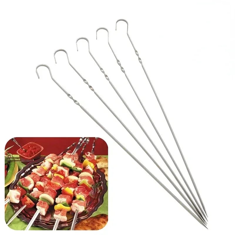 Stainless Steel BBQ Skewers, 10 Piece Set, 30cm to 38cm, Round or Flat