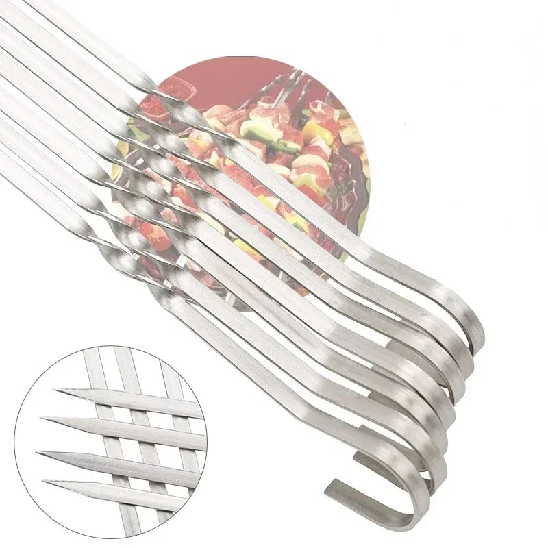 Stainless Steel BBQ Skewers, 10 Piece Set, 30cm to 38cm, Round or Flat