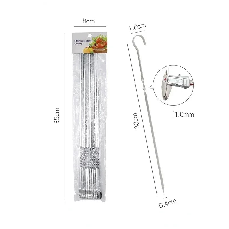 Stainless Steel BBQ Skewers, 10 Piece Set, 30cm to 38cm, Round or Flat - 30cm flat