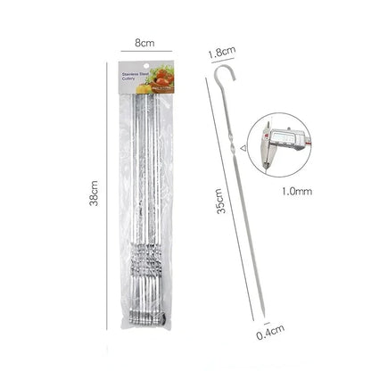 Stainless Steel BBQ Skewers, 10 Piece Set, 30cm to 38cm, Round or Flat - 35cm flat