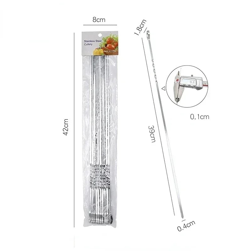 Stainless Steel BBQ Skewers, 10 Piece Set, 30cm to 38cm, Round or Flat - 38cm flat
