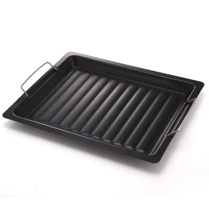 Non-Stick BBQ Grill Pan for Charcoal Cooking, Ridged Iron Griddle with Handles