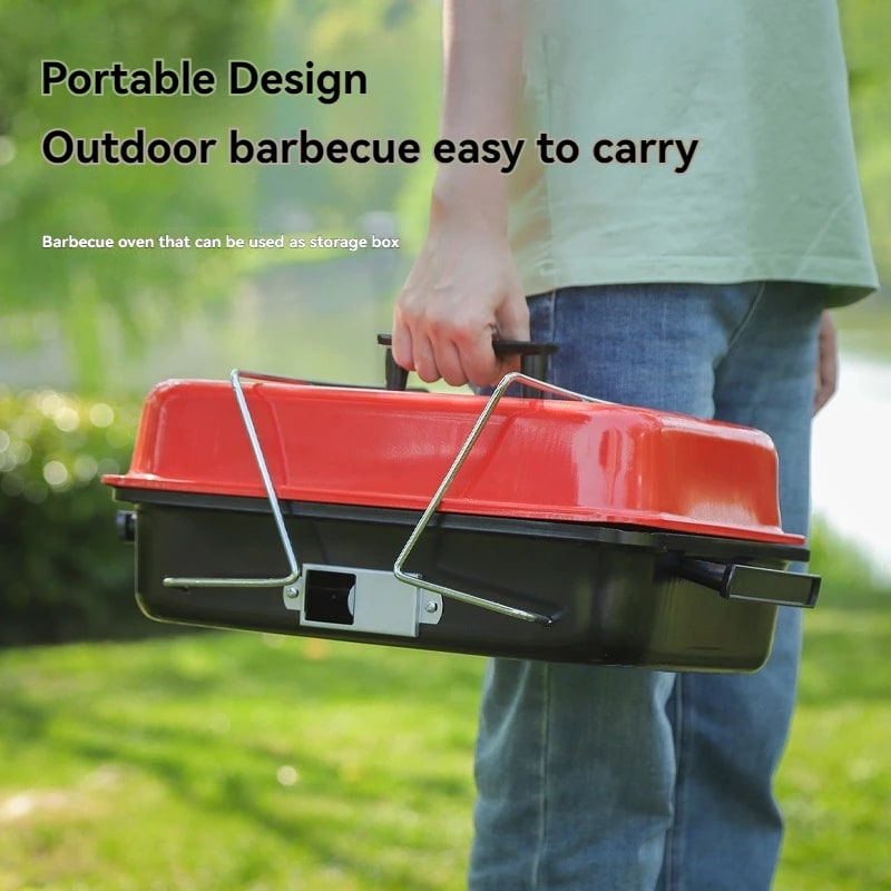 Portable Charcoal BBQ Grill with Lid, Folding Legs, Iron, 43 x 28cm, CA-06