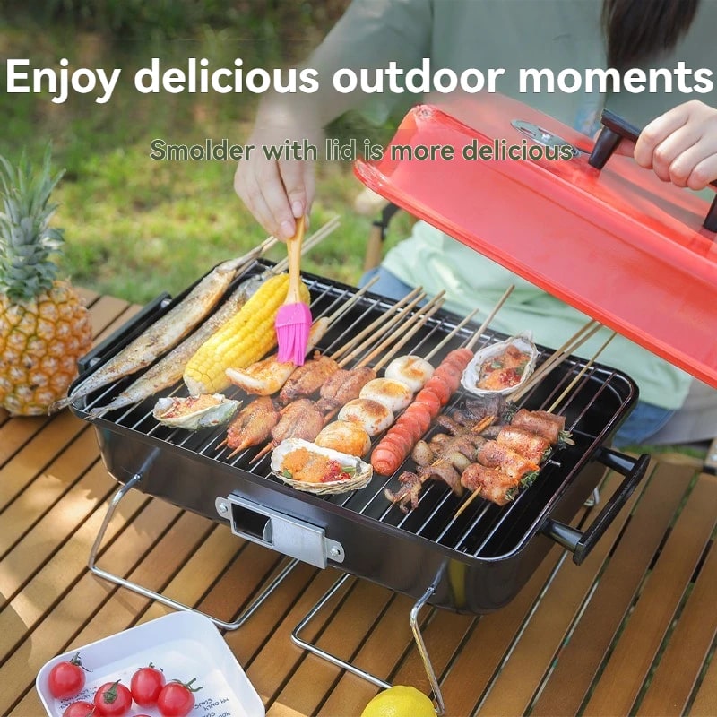 Portable Charcoal BBQ Grill with Lid, Folding Legs, Iron, 43 x 28cm, CA-06