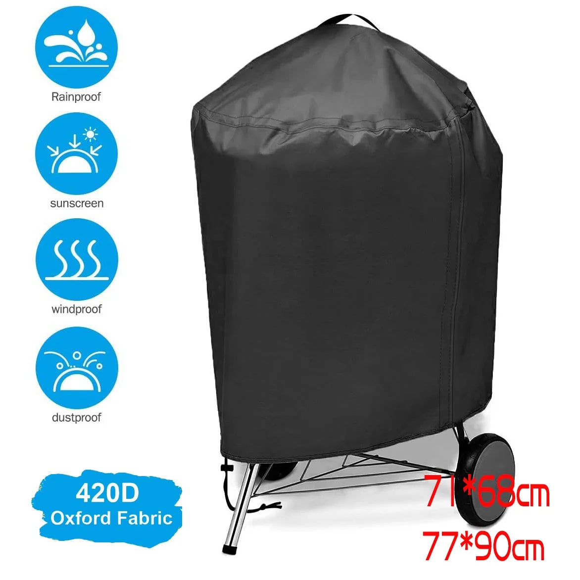 Round BBQ Grill Cover, Waterproof Black and Silver Fabric, 68 x 71cm or 74 x 97cm