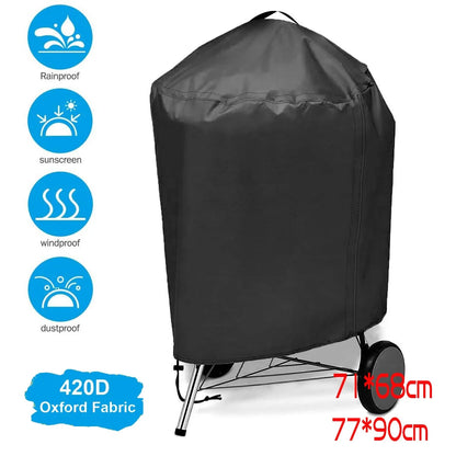 Round BBQ Grill Cover, Waterproof Black and Silver Fabric, 68 x 71cm or 74 x 97cm