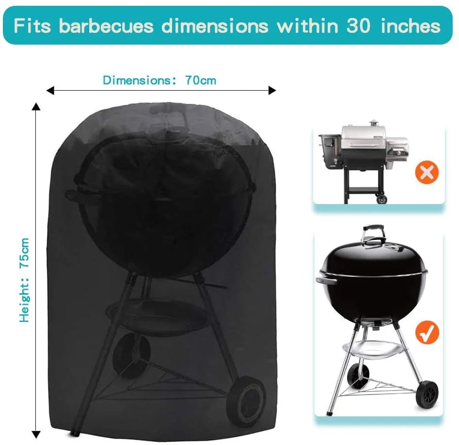 Round BBQ Grill Cover, Waterproof Black and Silver Fabric, 68 x 71cm or 74 x 97cm