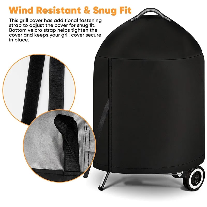 Round BBQ Grill Cover, Waterproof Black and Silver Fabric, 68 x 71cm or 74 x 97cm